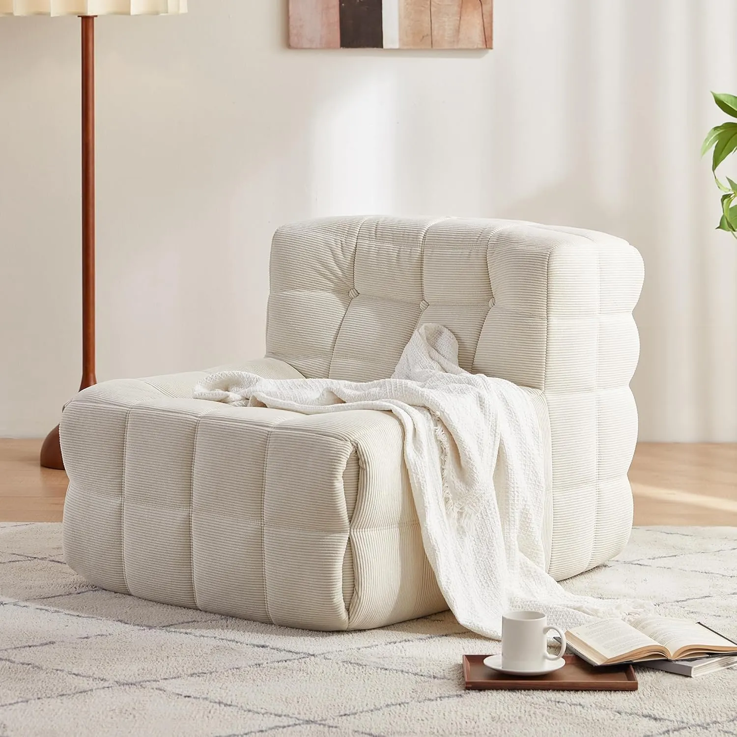 LINSY Oversized Bean Bag Chair, Large Bean Bag Couch for Adults and Kids, Floor Sofa Couch Chair Filled with 35D Foam, No Assembly Required Single Sofa for Game Room, Reading Room, Beige