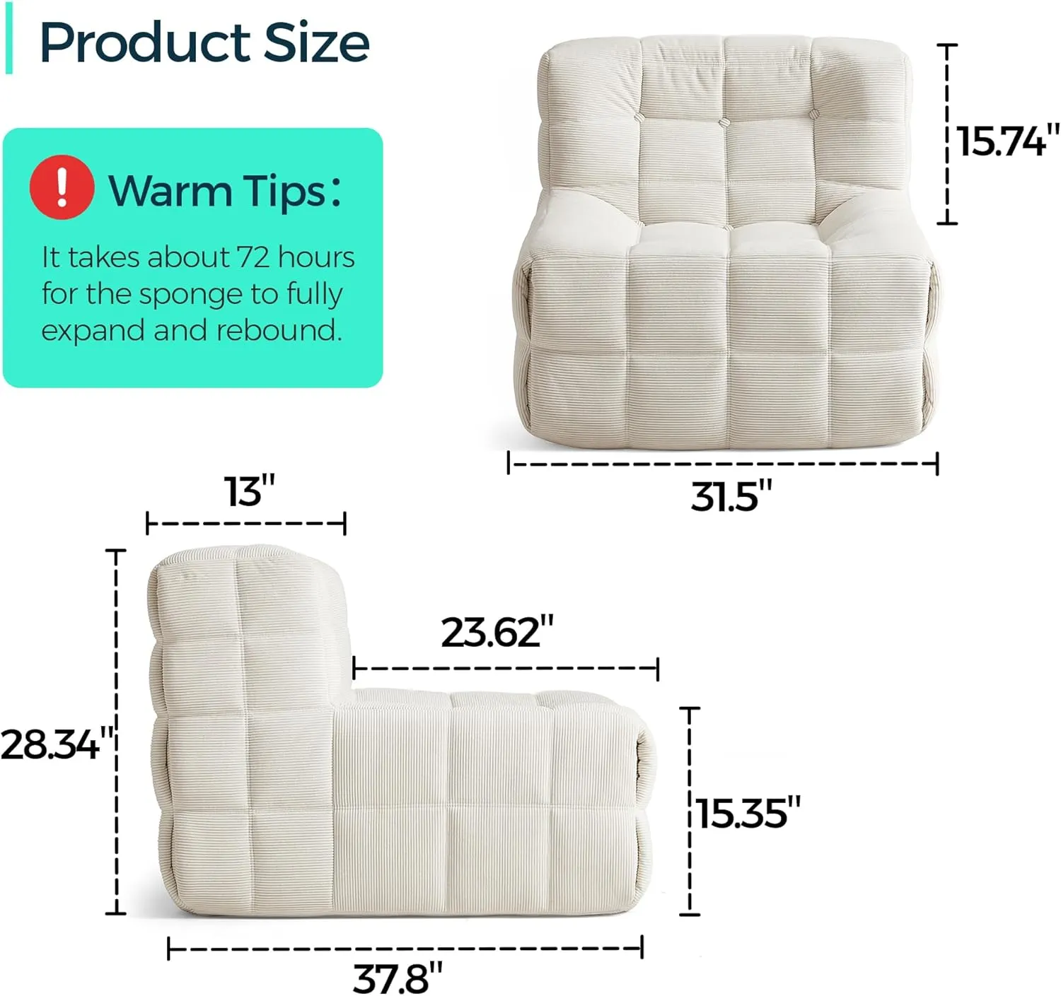 LINSY Oversized Bean Bag Chair, Large Bean Bag Couch for Adults and Kids, Floor Sofa Couch Chair Filled with 35D Foam, No Assembly Required Single Sofa for Game Room, Reading Room, Beige