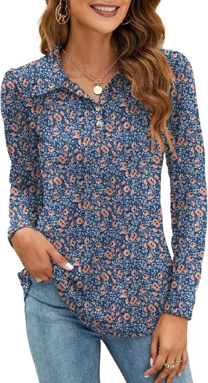 LOMON Womens Polo Shirts Button Down Collared Long Sleeve Tops V Neck Loose Blouses