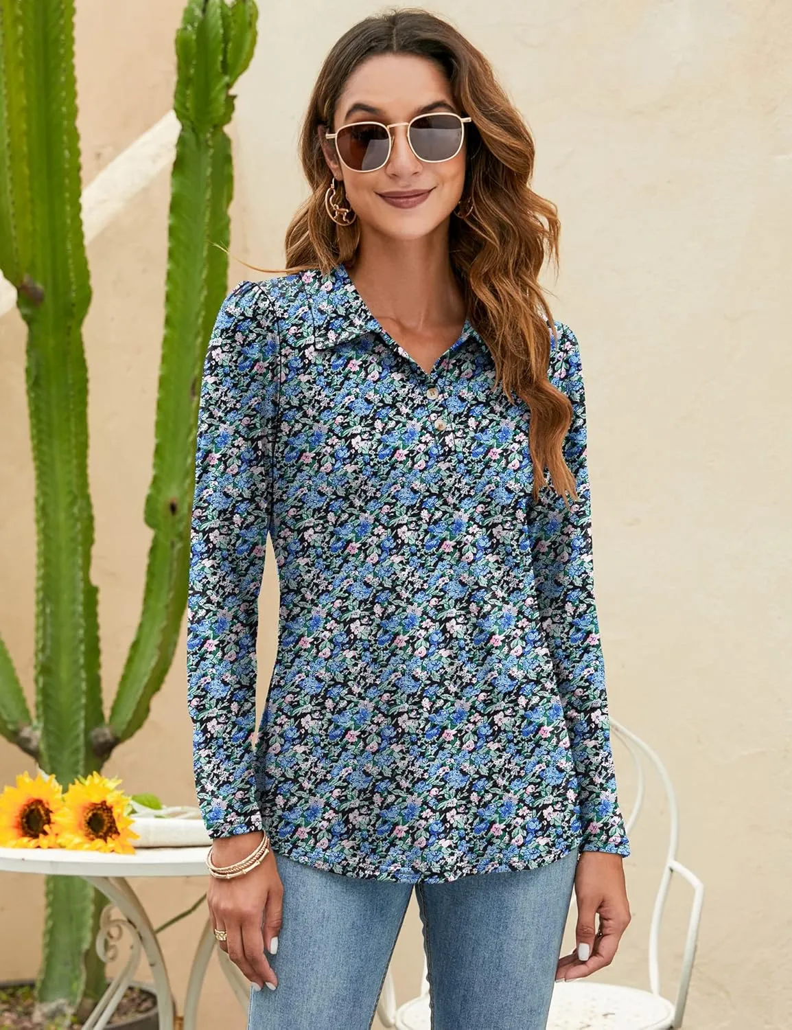 LOMON Womens Polo Shirts Button Down Collared Long Sleeve Tops V Neck Loose Blouses