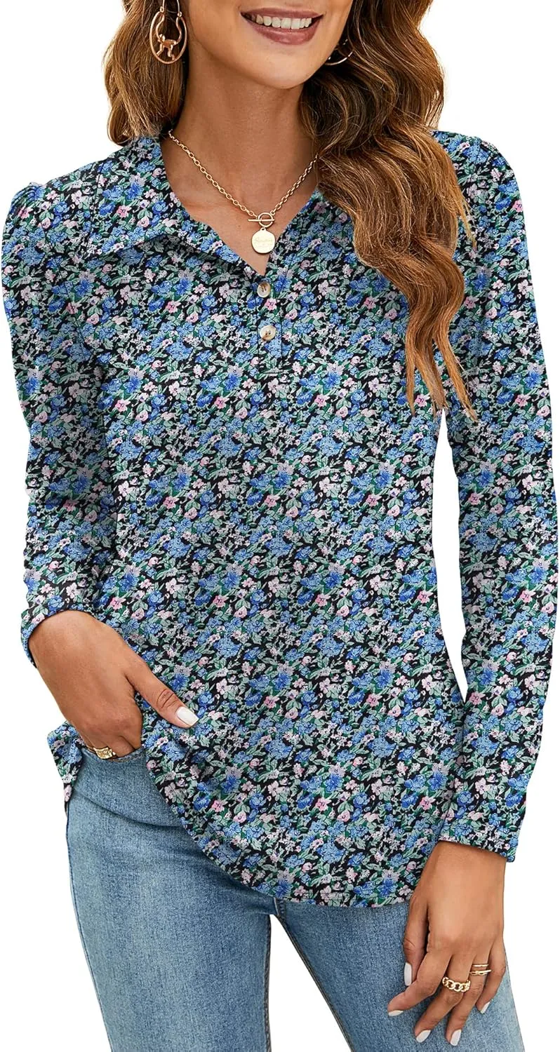 LOMON Womens Polo Shirts Button Down Collared Long Sleeve Tops V Neck Loose Blouses