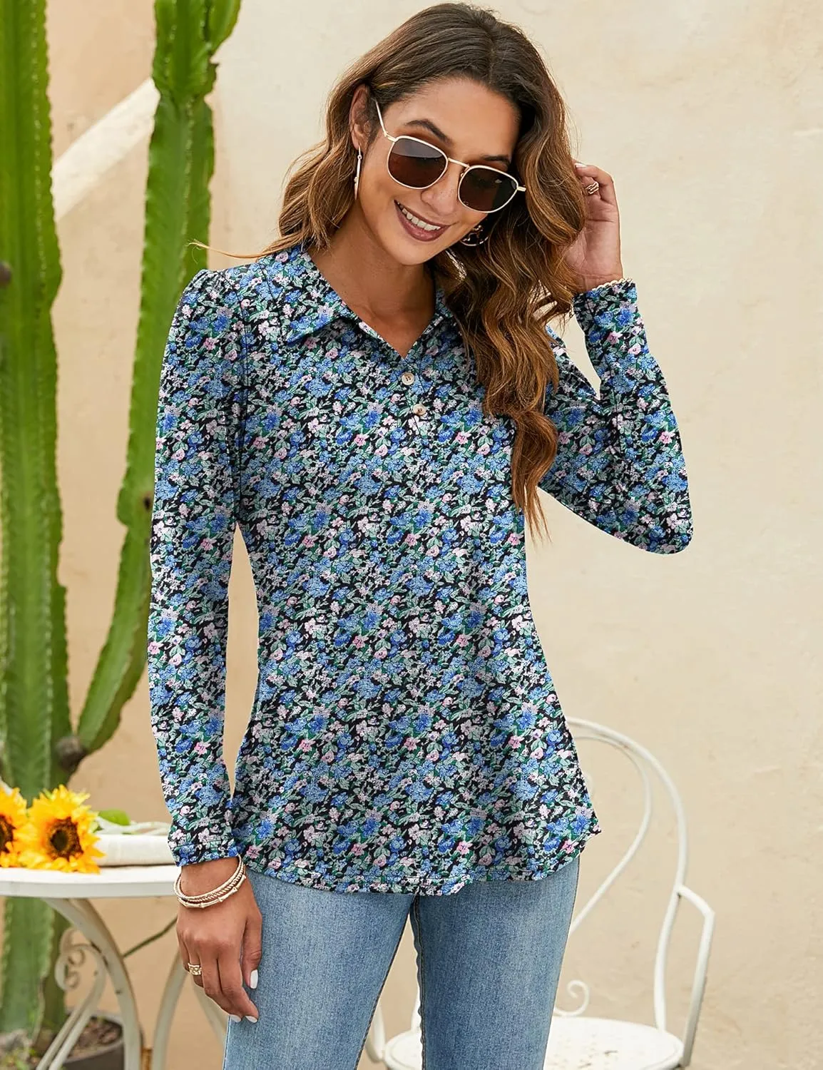 LOMON Womens Polo Shirts Button Down Collared Long Sleeve Tops V Neck Loose Blouses