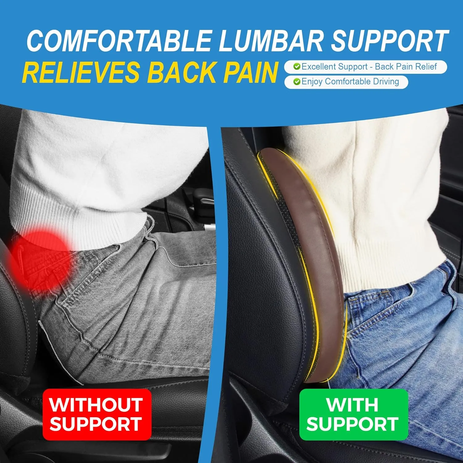 Lumbar Support Pillow for Car, Memory Foam Lumbar Pillow for Lower Back Pain Relief - Back Cushion for Driving, Chair Support for Car-Office Chair, Wheelchair - 4D Mesh Brown