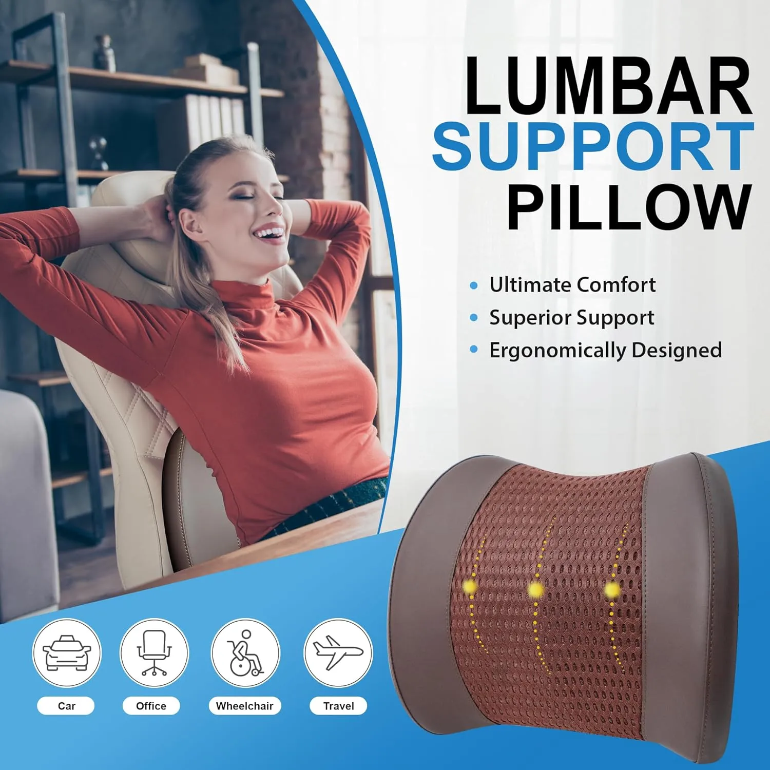 Lumbar Support Pillow for Car, Memory Foam Lumbar Pillow for Lower Back Pain Relief - Back Cushion for Driving, Chair Support for Car-Office Chair, Wheelchair - 4D Mesh Brown
