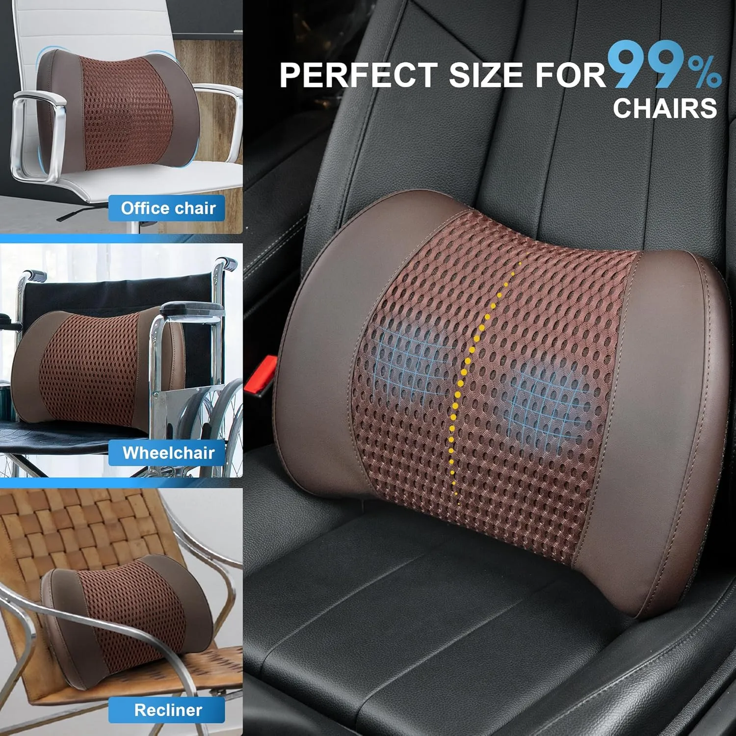 Lumbar Support Pillow for Car, Memory Foam Lumbar Pillow for Lower Back Pain Relief - Back Cushion for Driving, Chair Support for Car-Office Chair, Wheelchair - 4D Mesh Brown
