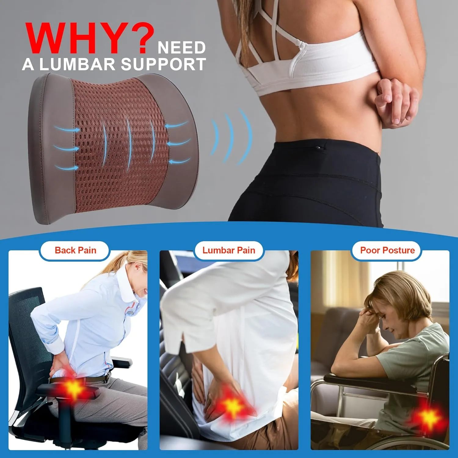 Lumbar Support Pillow for Car, Memory Foam Lumbar Pillow for Lower Back Pain Relief - Back Cushion for Driving, Chair Support for Car-Office Chair, Wheelchair - 4D Mesh Brown