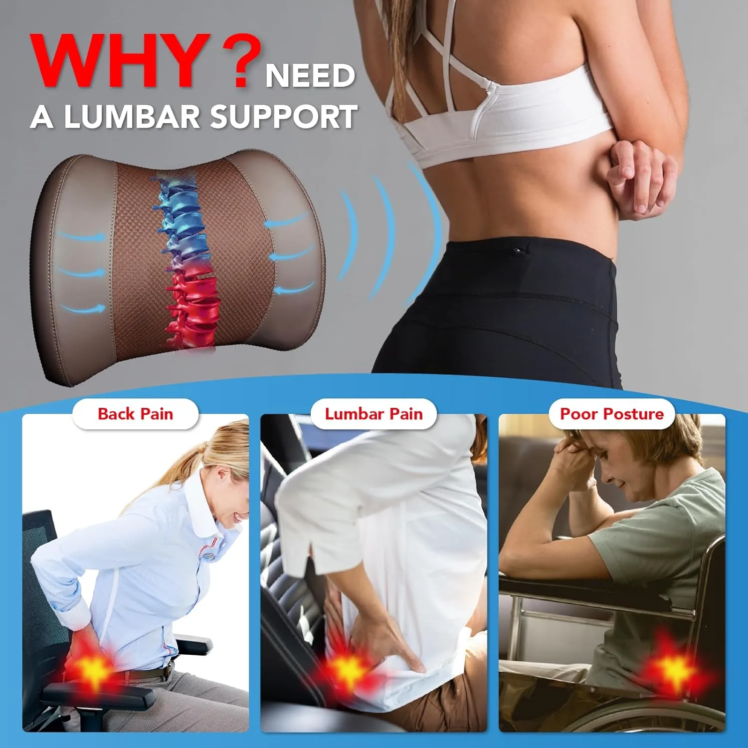 Lumbar Support Pillow for Car, Memory Foam Lumbar Pillow for Lower Back Pain Relief - Back Cushion for Driving, Chair Support for Car-Office Chair, Wheelchair - Brown