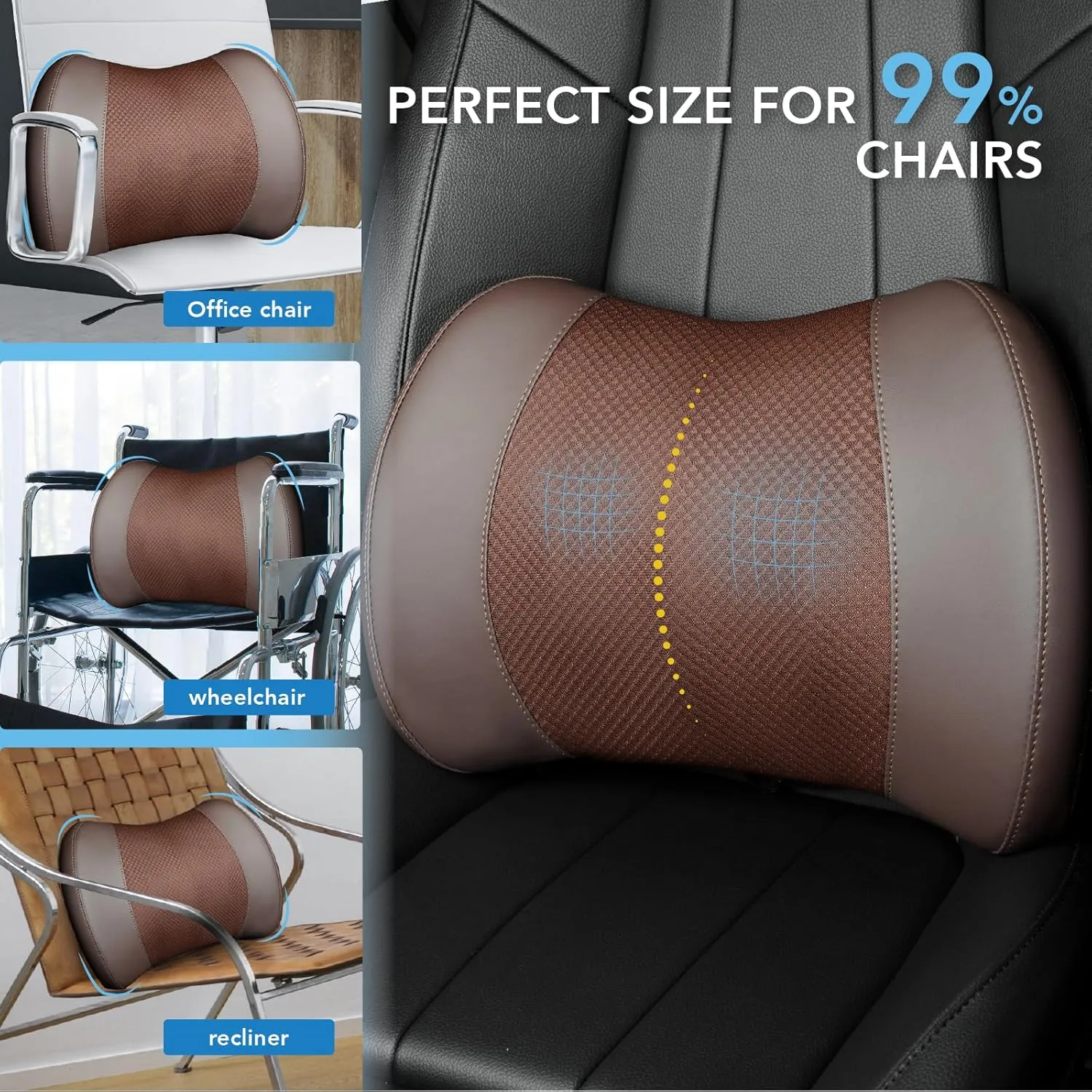 Lumbar Support Pillow for Car, Memory Foam Lumbar Pillow for Lower Back Pain Relief - Back Cushion for Driving, Chair Support for Car-Office Chair, Wheelchair - Brown