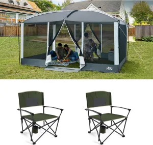 Magnetic Screen Tent Screen House Room 13x9Ft Mesh Gazebos w/ 2 Doors, 2 Pack Oversized Folding Heavy Duty Camping Chair for Adults