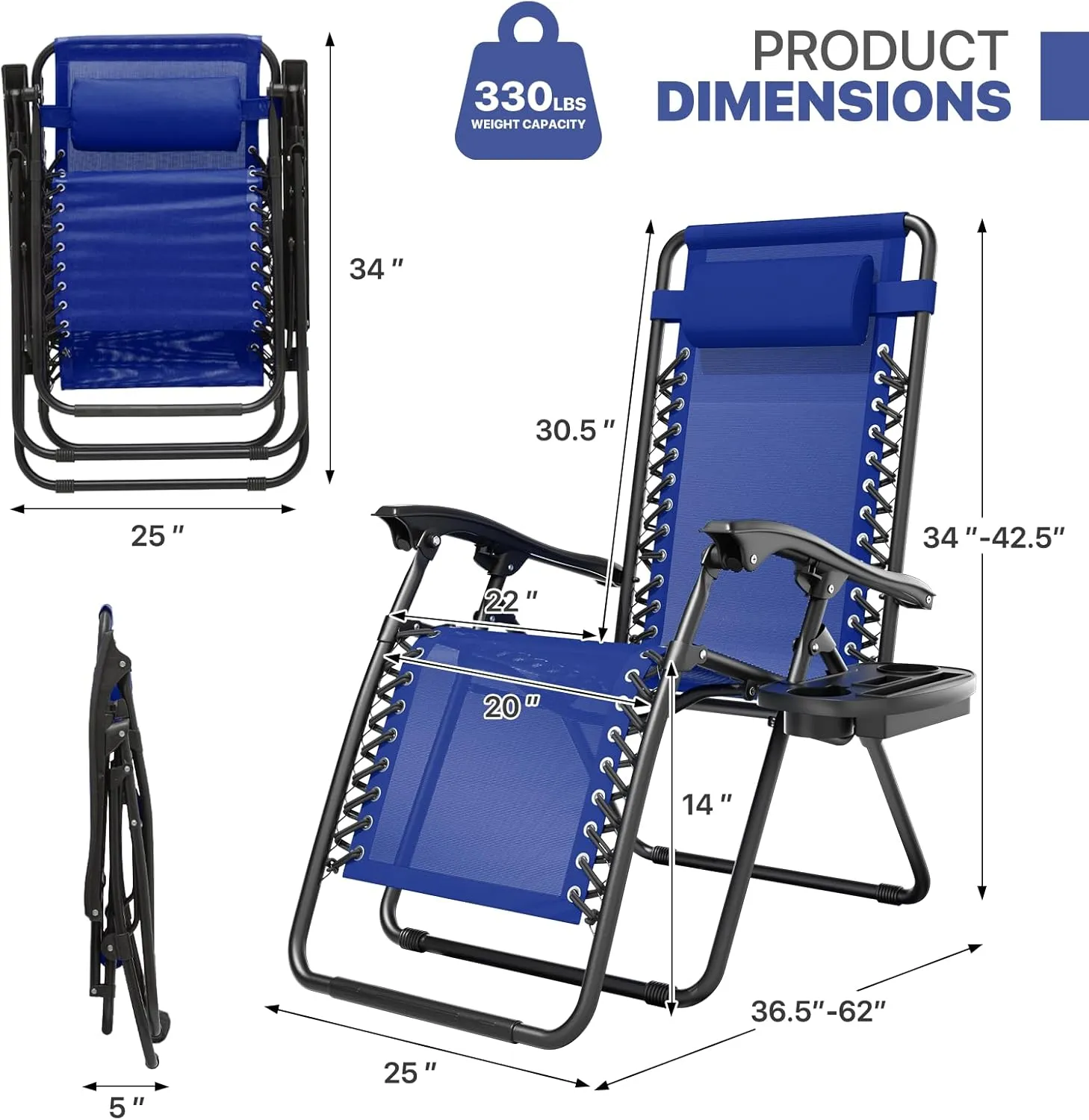 Magshion Zero Gravity Lounge Chairs Set of 2, Outdoor Patio Reclining Chair with Side Tray, Adjustable Anti-Gravity Recliners with Pillow Headrest, Folding Lounger for Lawn Camping Beach, Blue