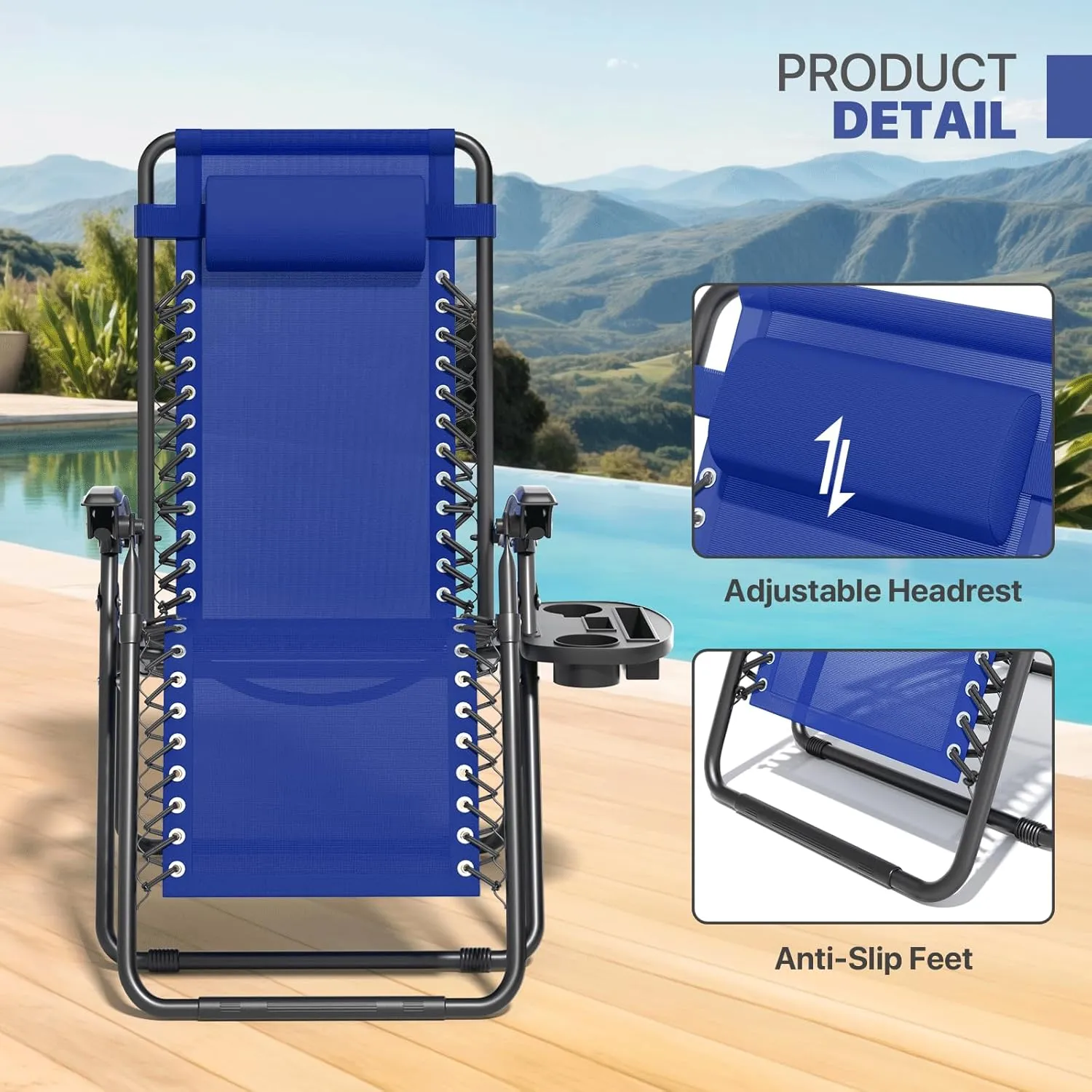 Magshion Zero Gravity Lounge Chairs Set of 2, Outdoor Patio Reclining Chair with Side Tray, Adjustable Anti-Gravity Recliners with Pillow Headrest, Folding Lounger for Lawn Camping Beach, Blue