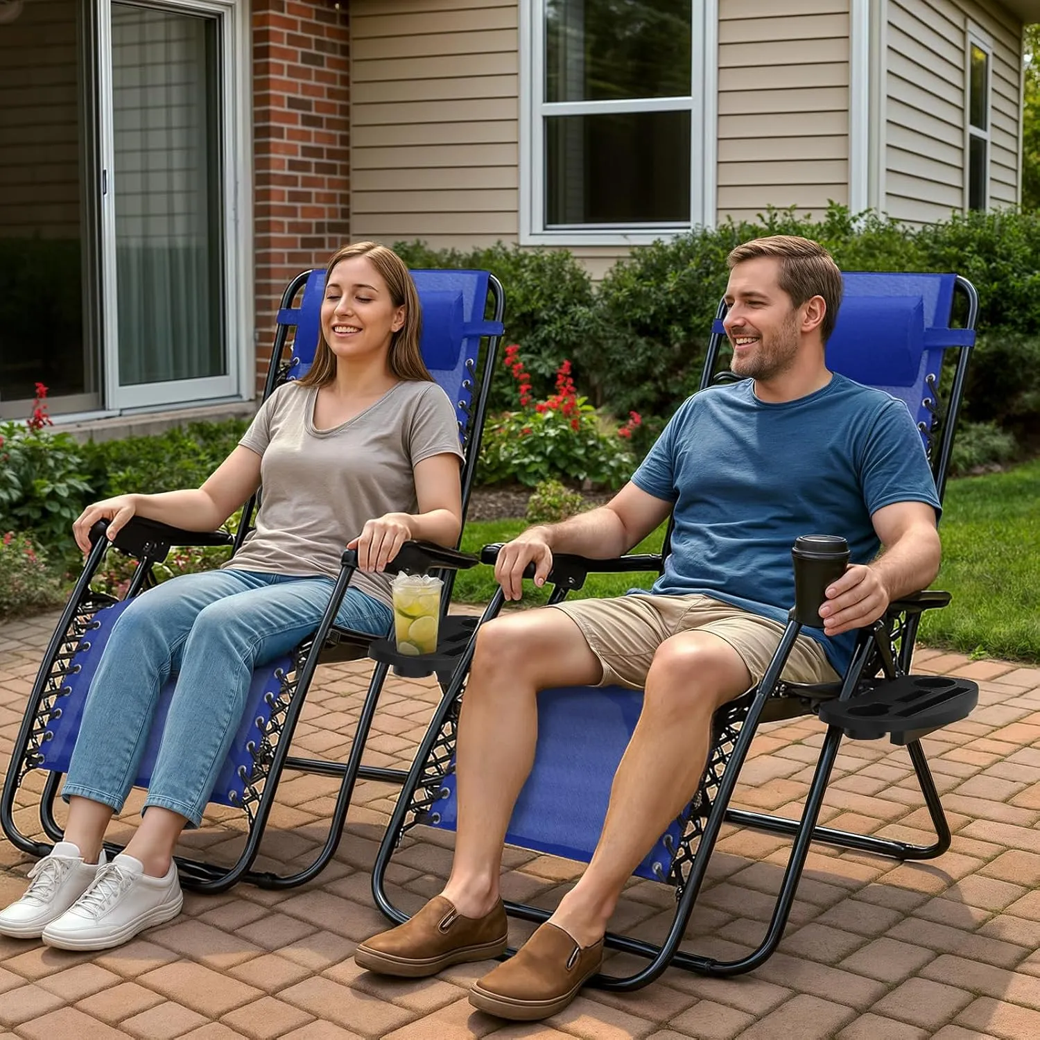 Magshion Zero Gravity Lounge Chairs Set of 2, Outdoor Patio Reclining Chair with Side Tray, Adjustable Anti-Gravity Recliners with Pillow Headrest, Folding Lounger for Lawn Camping Beach, Blue