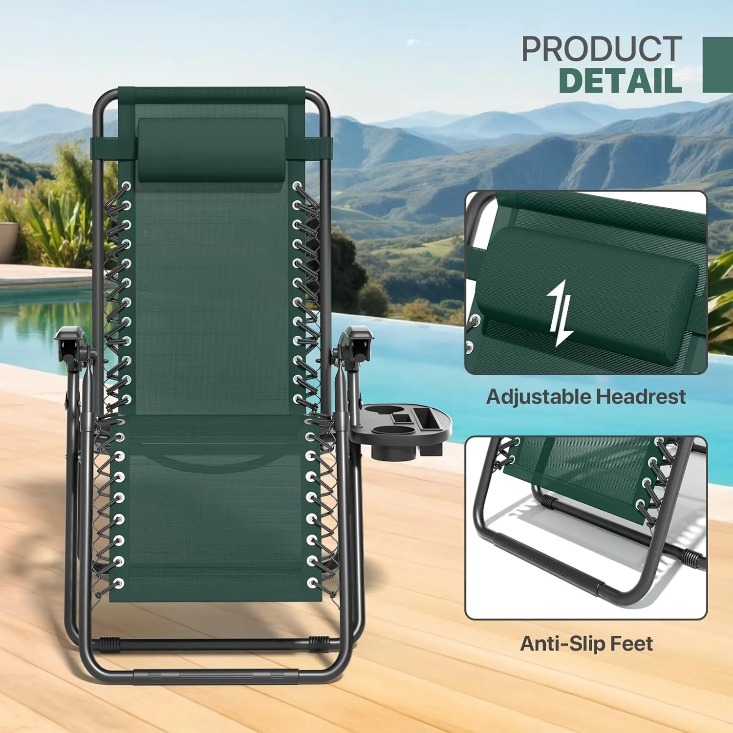 Magshion Zero Gravity Lounge Chairs Set of 2, Outdoor Patio Reclining Chair with Side Tray, Adjustable Anti-Gravity Recliners with Pillow Headrest, Folding Lounger for Lawn Camping Beach, Green