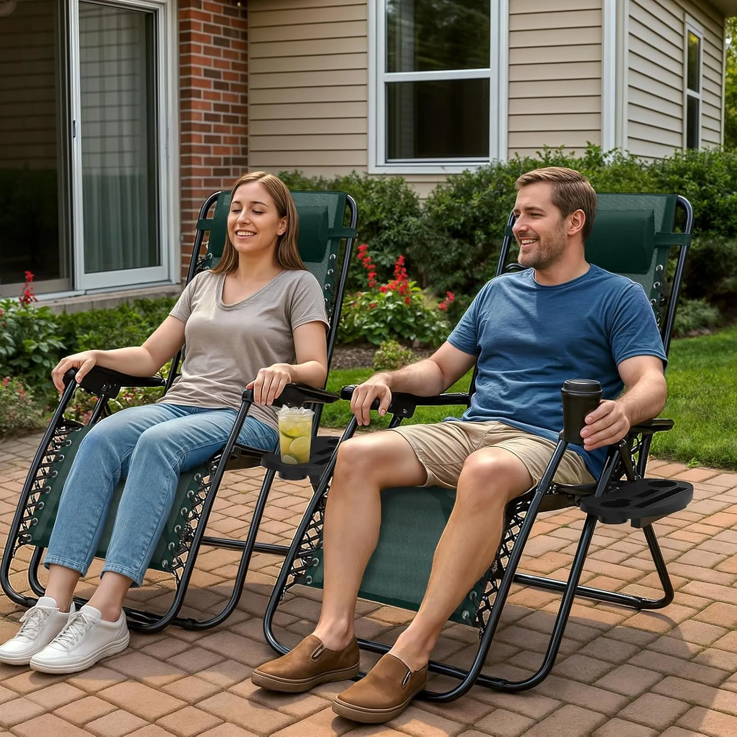 Magshion Zero Gravity Lounge Chairs Set of 2, Outdoor Patio Reclining Chair with Side Tray, Adjustable Anti-Gravity Recliners with Pillow Headrest, Folding Lounger for Lawn Camping Beach, Green