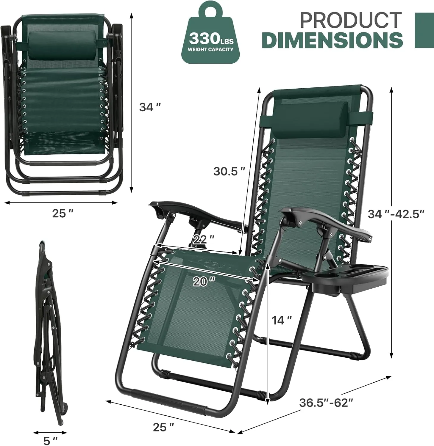 Magshion Zero Gravity Lounge Chairs Set of 2, Outdoor Patio Reclining Chair with Side Tray, Adjustable Anti-Gravity Recliners with Pillow Headrest, Folding Lounger for Lawn Camping Beach, Green