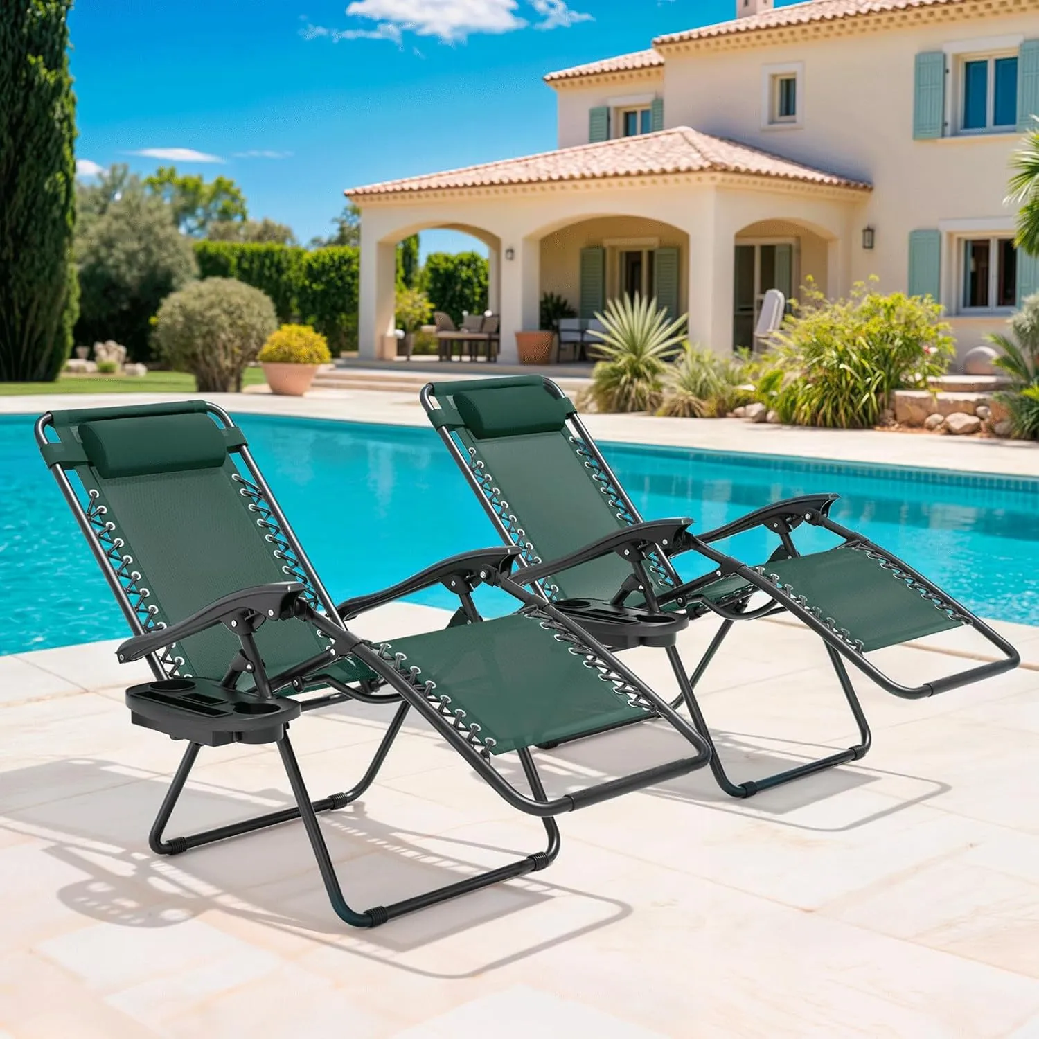 Magshion Zero Gravity Lounge Chairs Set of 2, Outdoor Patio Reclining Chair with Side Tray, Adjustable Anti-Gravity Recliners with Pillow Headrest, Folding Lounger for Lawn Camping Beach, Green
