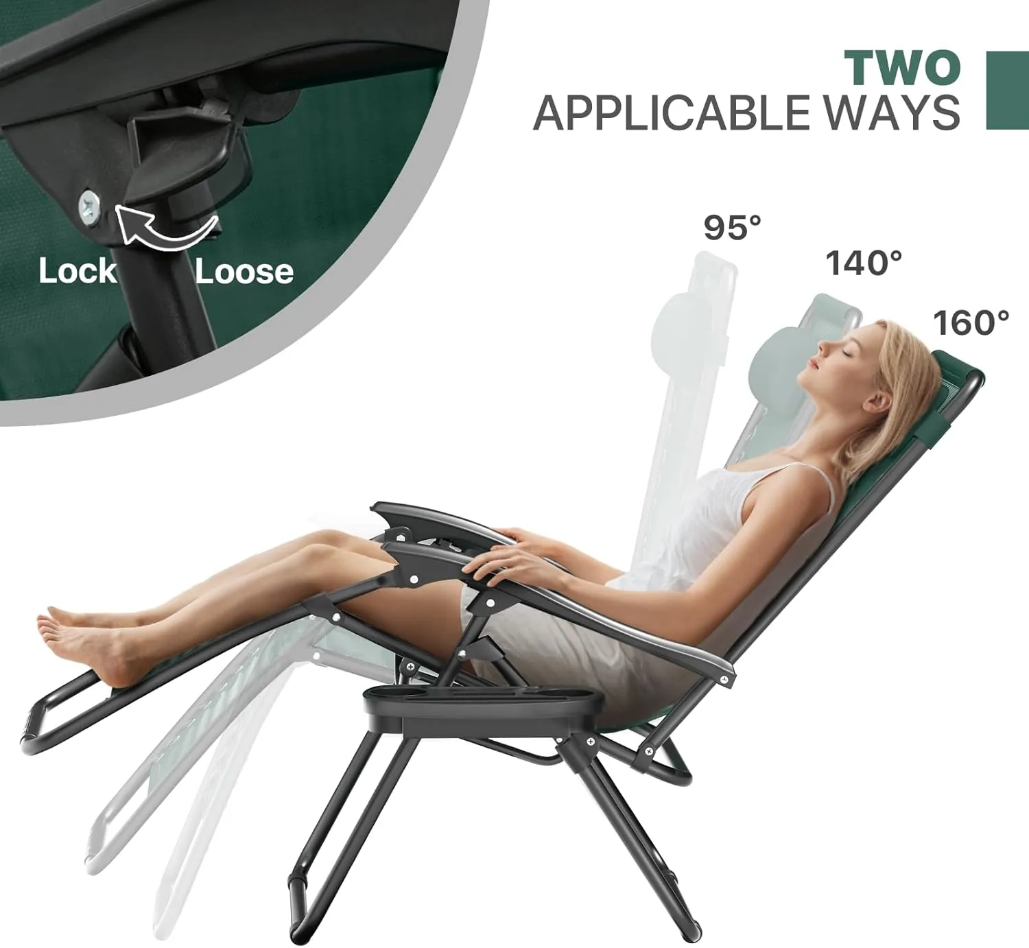 Magshion Zero Gravity Lounge Chairs Set of 2, Outdoor Patio Reclining Chair with Side Tray, Adjustable Anti-Gravity Recliners with Pillow Headrest, Folding Lounger for Lawn Camping Beach, Green
