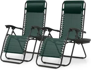 Magshion Zero Gravity Lounge Chairs Set of 2, Outdoor Patio Reclining Chair with Side Tray, Adjustable Anti-Gravity Recliners with Pillow Headrest, Folding Lounger for Lawn Camping Beach, Green