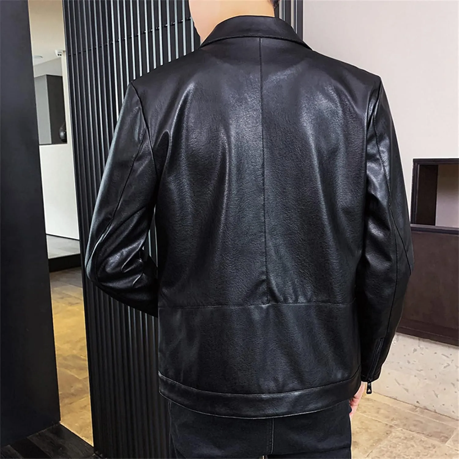 Maiyifu-GJ Men Lapel Faux Leather Motorcycle Jacket Vintage Zip Up Slim Fit Biker Coat Lightweight Classic PU Leather Jacket