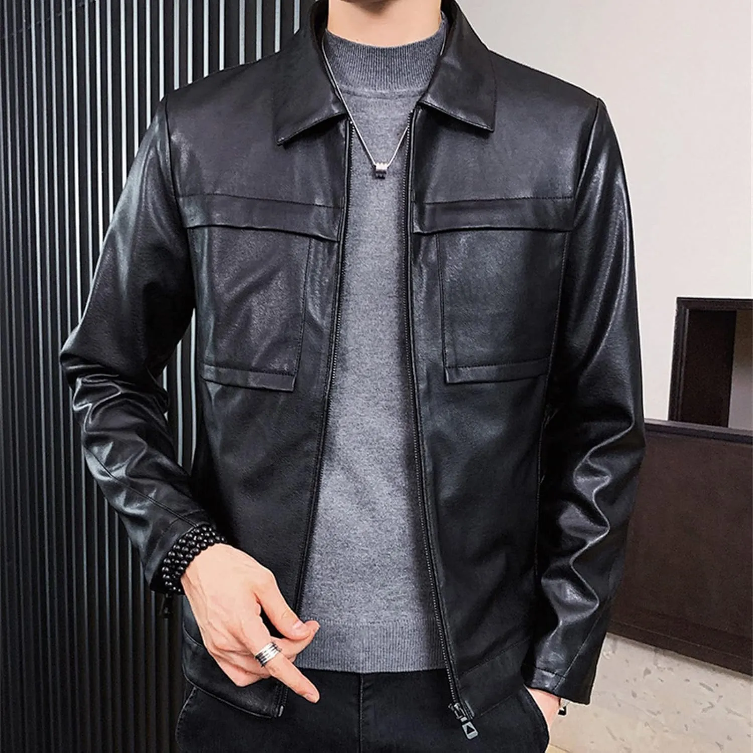 Maiyifu-GJ Men Lapel Faux Leather Motorcycle Jacket Vintage Zip Up Slim Fit Biker Coat Lightweight Classic PU Leather Jacket