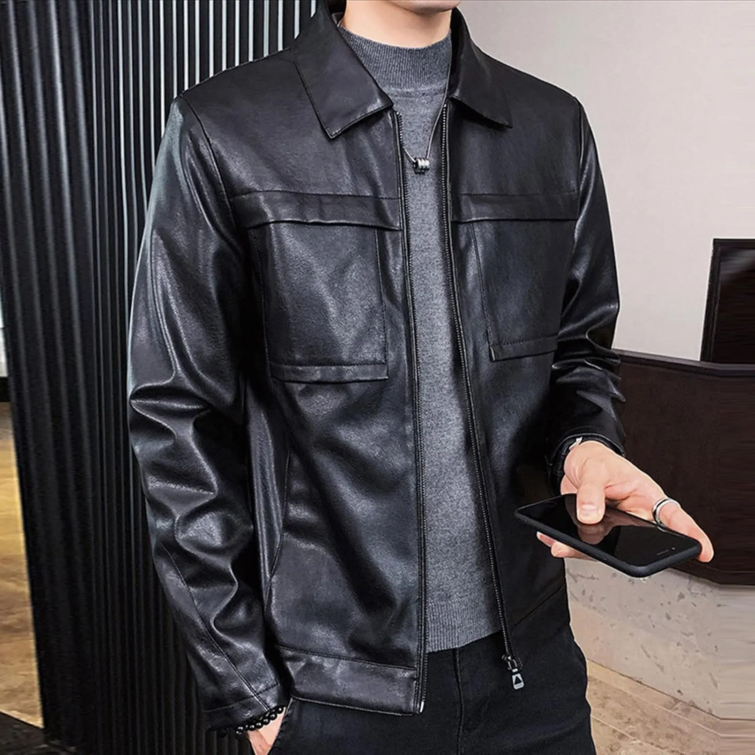 Maiyifu-GJ Men Lapel Faux Leather Motorcycle Jacket Vintage Zip Up Slim Fit Biker Coat Lightweight Classic PU Leather Jacket