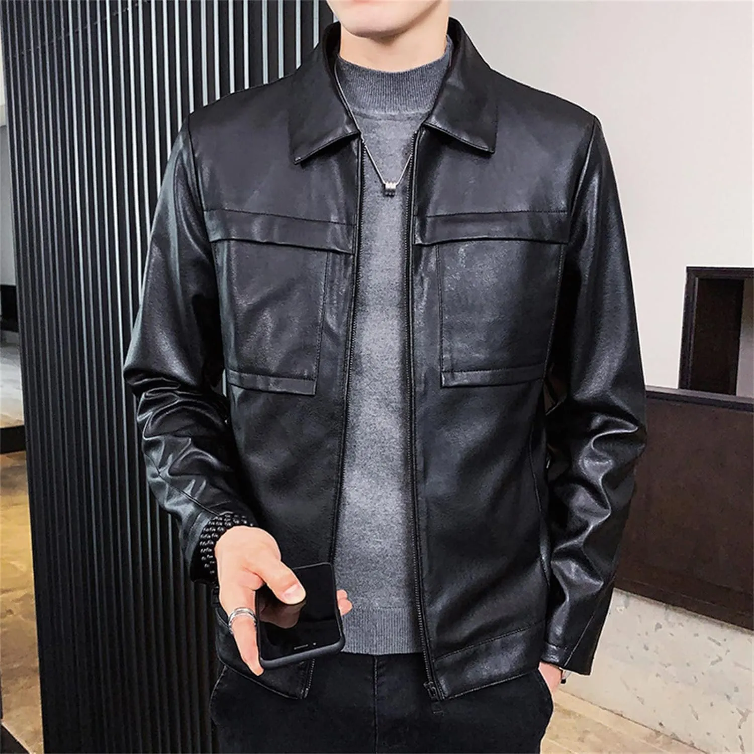 Maiyifu-GJ Men Lapel Faux Leather Motorcycle Jacket Vintage Zip Up Slim Fit Biker Coat Lightweight Classic PU Leather Jacket