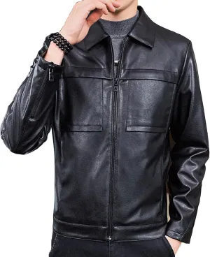 Maiyifu-GJ Men Lapel Faux Leather Motorcycle Jacket Vintage Zip Up Slim Fit Biker Coat Lightweight Classic PU Leather Jacket
