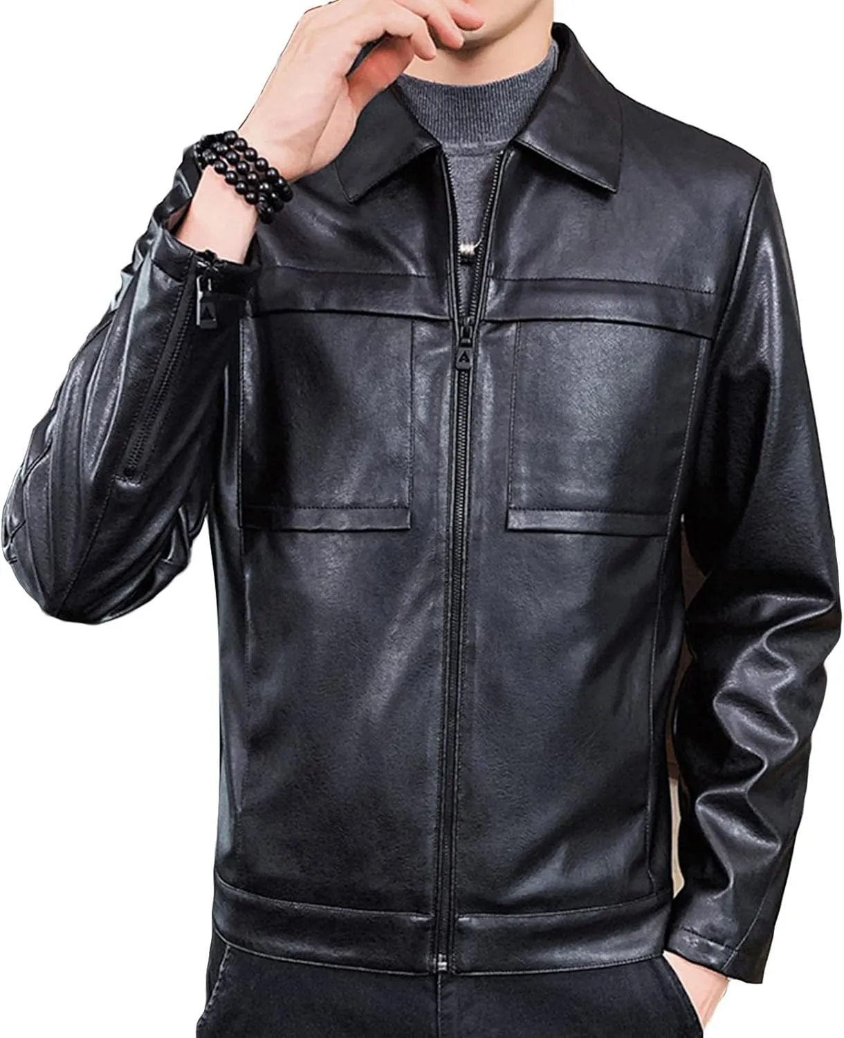 Maiyifu-GJ Men Lapel Faux Leather Motorcycle Jacket Vintage Zip Up Slim Fit Biker Coat Lightweight Classic PU Leather Jacket