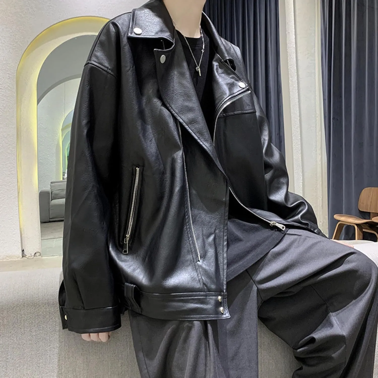 Maiyifu-GJ Mens Faux Leather Biker Jacket Vintage Asymmetric Zip Motorcycle Jackets PU Lightweight Punk Belted Slim Coat