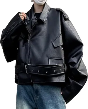 Maiyifu-GJ Mens Faux Leather Biker Jacket Vintage Asymmetric Zip Motorcycle Jackets PU Lightweight Punk Belted Slim Coat
