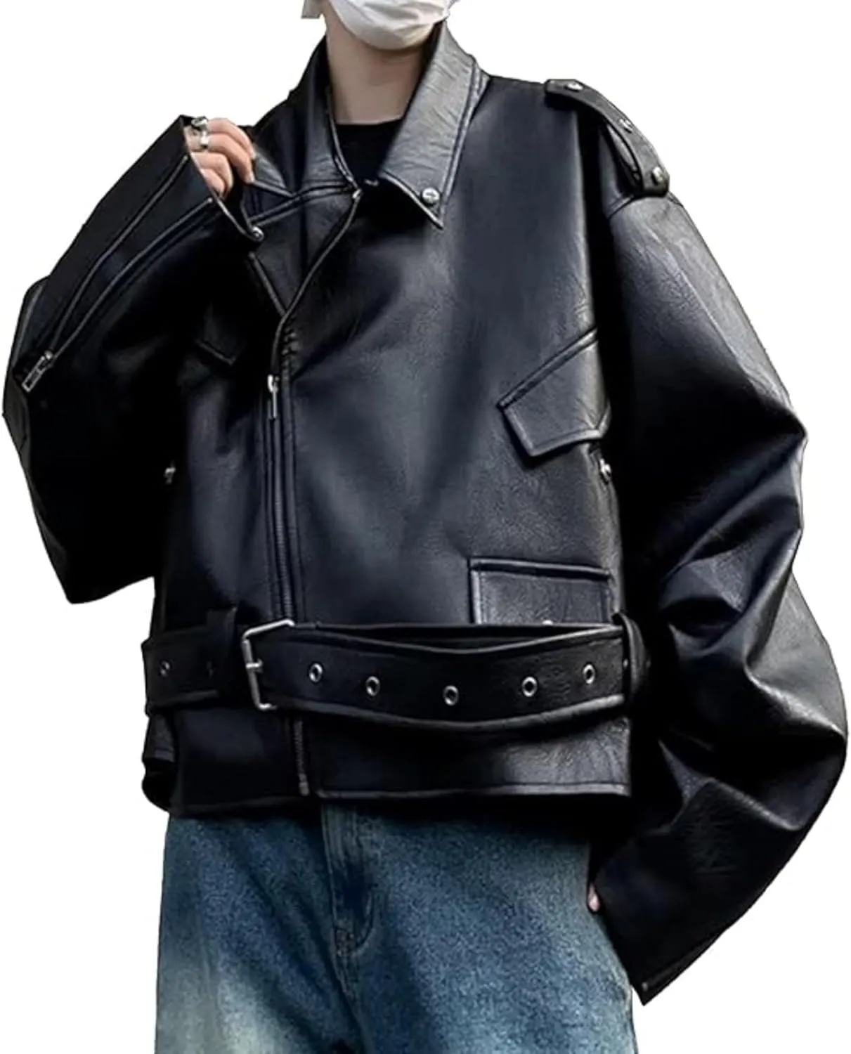 Maiyifu-GJ Mens Faux Leather Biker Jacket Vintage Asymmetric Zip Motorcycle Jackets PU Lightweight Punk Belted Slim Coat