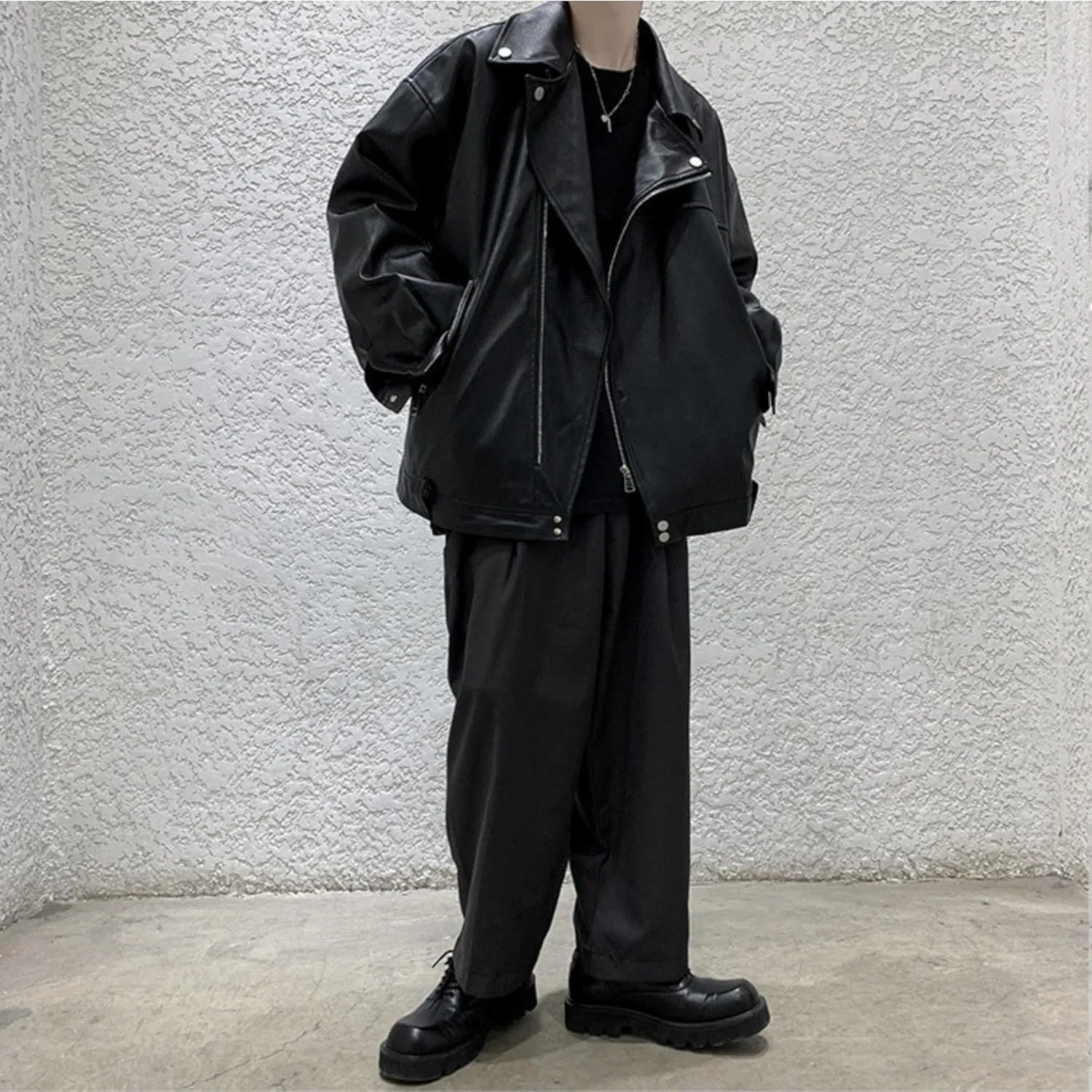 Maiyifu-GJ Mens Faux Leather Biker Jacket Vintage Asymmetric Zip Motorcycle Jackets PU Lightweight Punk Belted Slim Coat