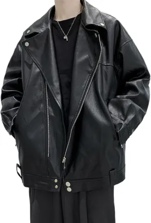 Maiyifu-GJ Mens Faux Leather Biker Jacket Vintage Asymmetric Zip Motorcycle Jackets PU Lightweight Punk Belted Slim Coat