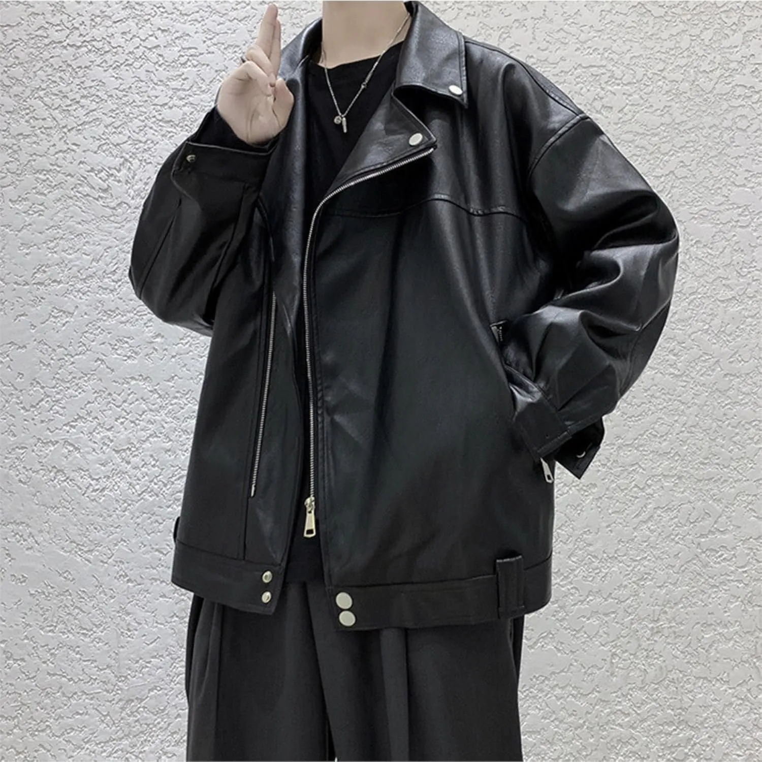 Maiyifu-GJ Mens Faux Leather Biker Jacket Vintage Asymmetric Zip Motorcycle Jackets PU Lightweight Punk Belted Slim Coat