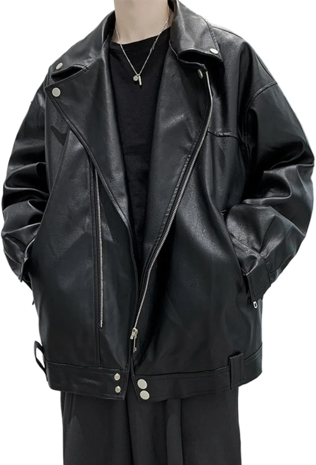Maiyifu-GJ Mens Faux Leather Biker Jacket Vintage Asymmetric Zip Motorcycle Jackets PU Lightweight Punk Belted Slim Coat
