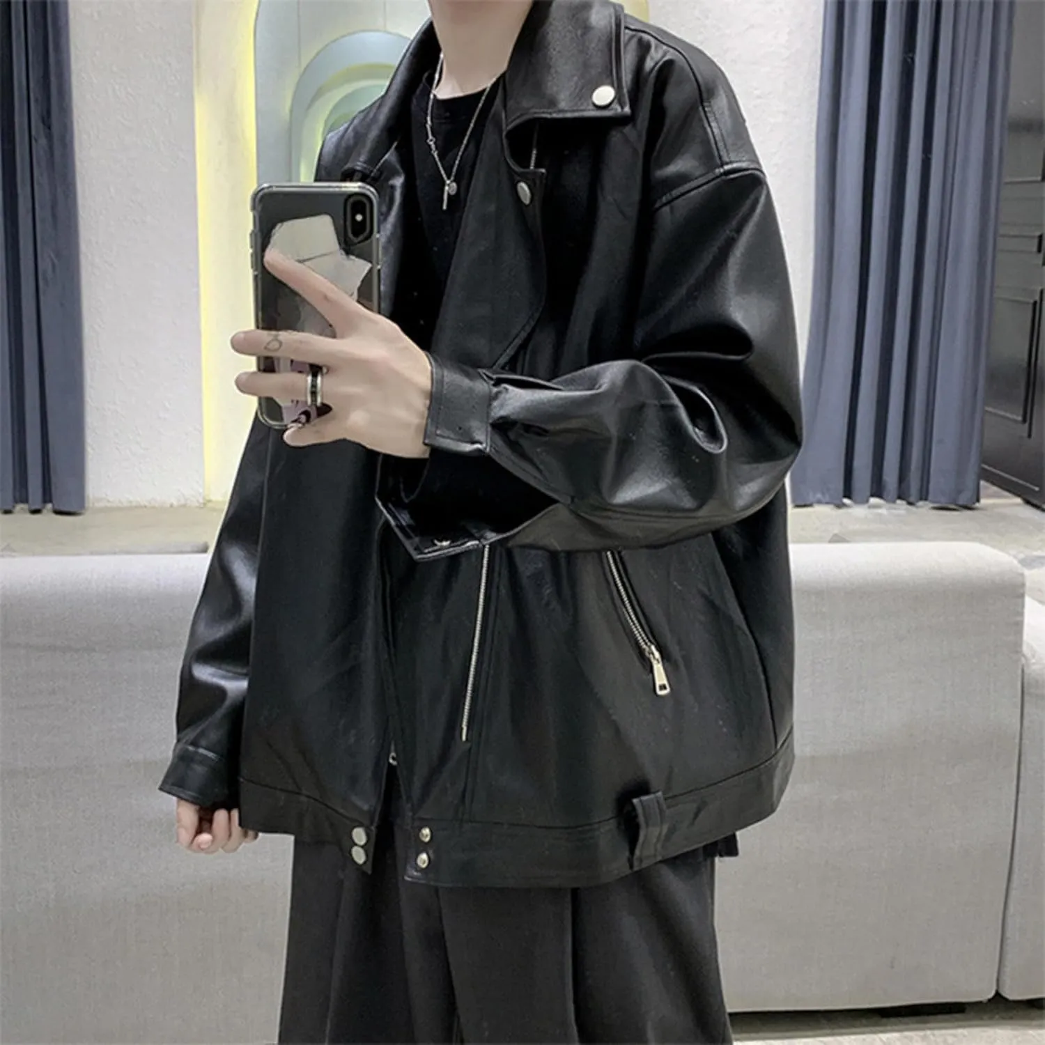 Maiyifu-GJ Mens Faux Leather Biker Jacket Vintage Asymmetric Zip Motorcycle Jackets PU Lightweight Punk Belted Slim Coat