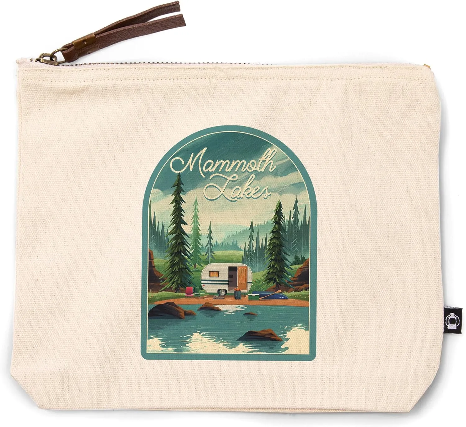 Mammoth Lakes, California, Outdoor Activity, at Home Anywhere, Camper in Evergreens, 100% Cotton Zipper Pouch, Travel Accessory, Go Bag