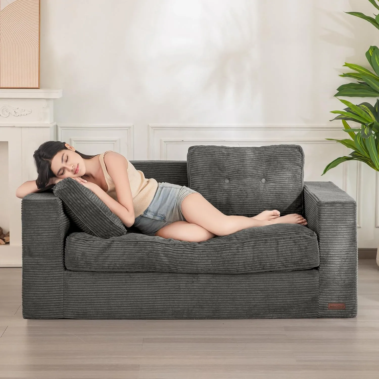 MAXYOYO Bean Bag Chair for Adults, Upholstered Floor Sofa with Armrests, Loveseat Boneless Couch with Tufted Cushion & Backrest, Sofa in A Box, Large Bean Bag Couch for Bedroom Living Room, Dark Grey