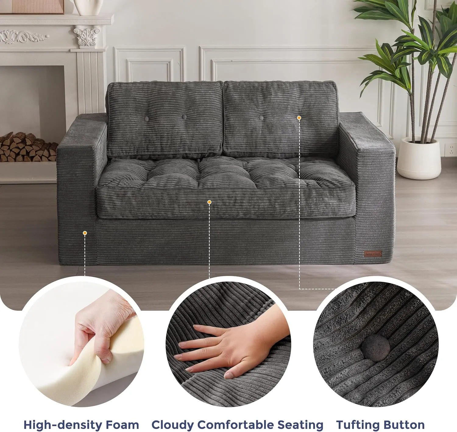 MAXYOYO Bean Bag Chair for Adults, Upholstered Floor Sofa with Armrests, Loveseat Boneless Couch with Tufted Cushion & Backrest, Sofa in A Box, Large Bean Bag Couch for Bedroom Living Room, Dark Grey