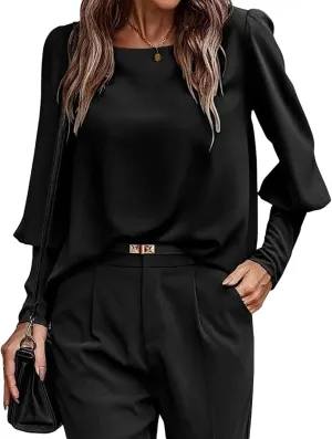 Mayntop Women Lantern Sleeve Top Round-Neck Solid Loose Shirt OL Work Elegant Blouse