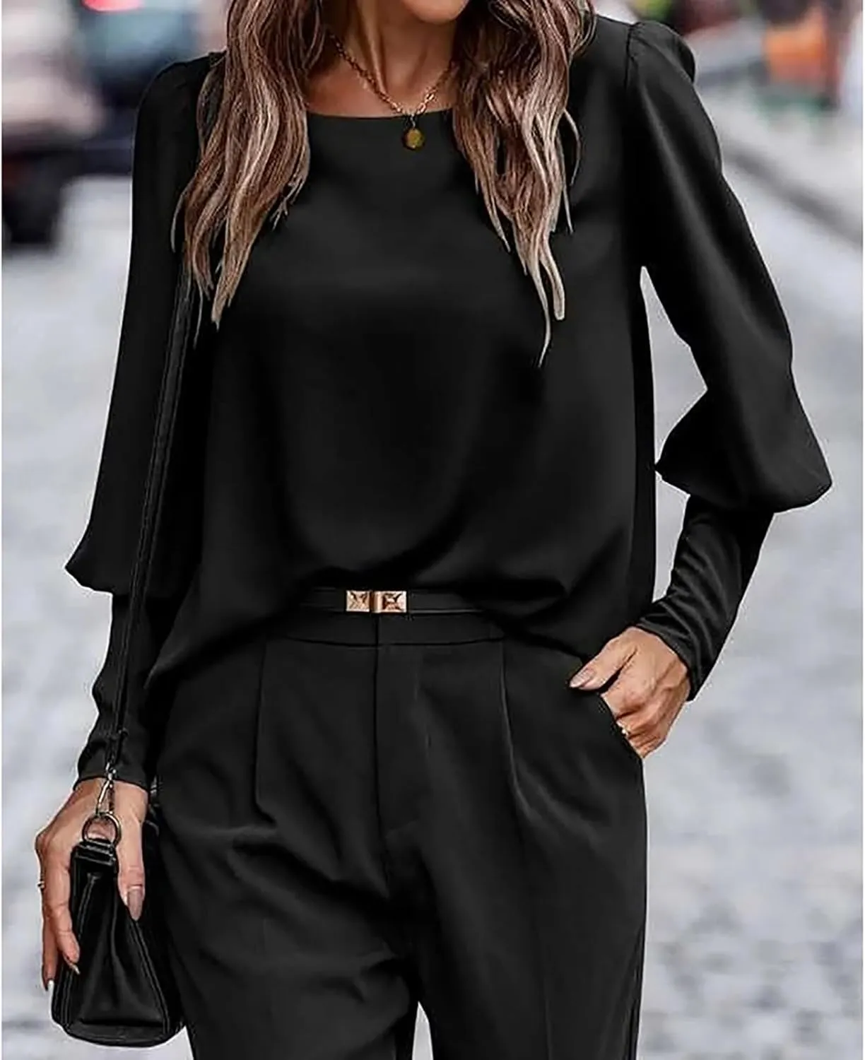 Mayntop Women Lantern Sleeve Top Round-Neck Solid Loose Shirt OL Work Elegant Blouse