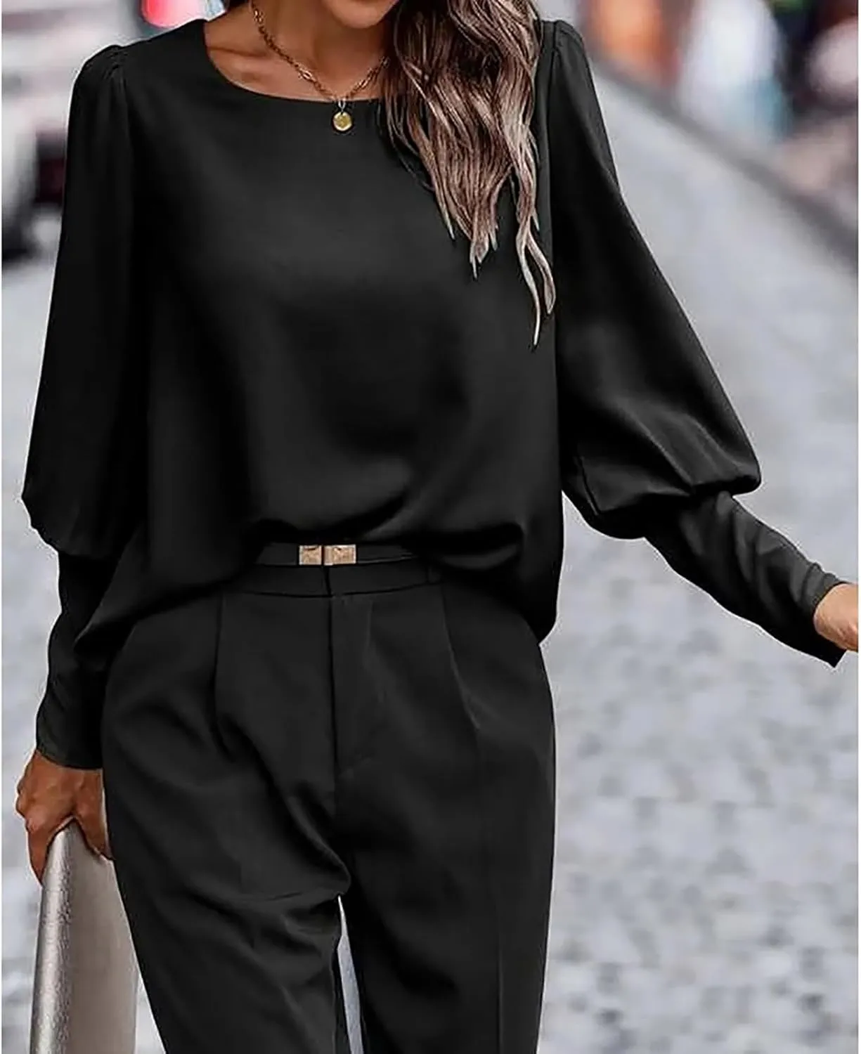 Mayntop Women Lantern Sleeve Top Round-Neck Solid Loose Shirt OL Work Elegant Blouse