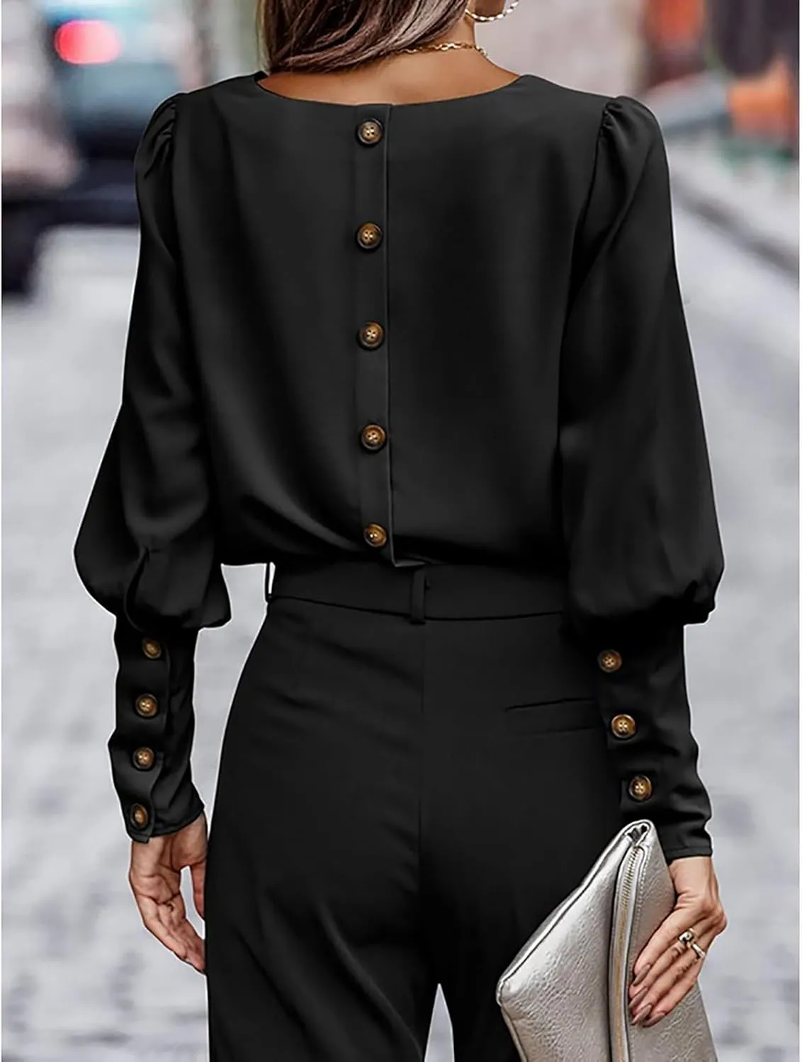 Mayntop Women Lantern Sleeve Top Round-Neck Solid Loose Shirt OL Work Elegant Blouse
