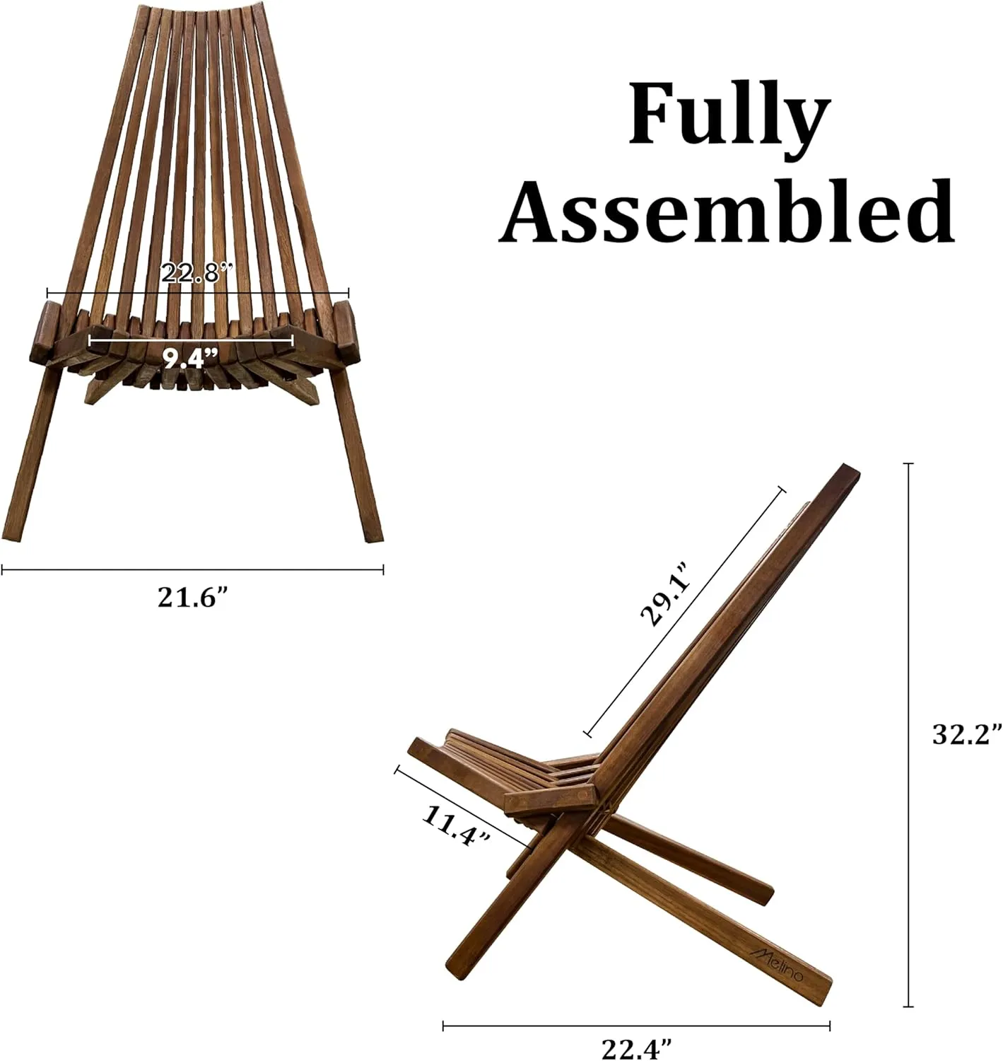 Melino Wooden Folding Chair for Outdoor - Low Profile Acacia Wood Lounge Chair with FSC Certified - Fully Assembled Outdoor Foldable Chairs for Patio, Porch, Pool Deck, Lawn, Garden - Espresso