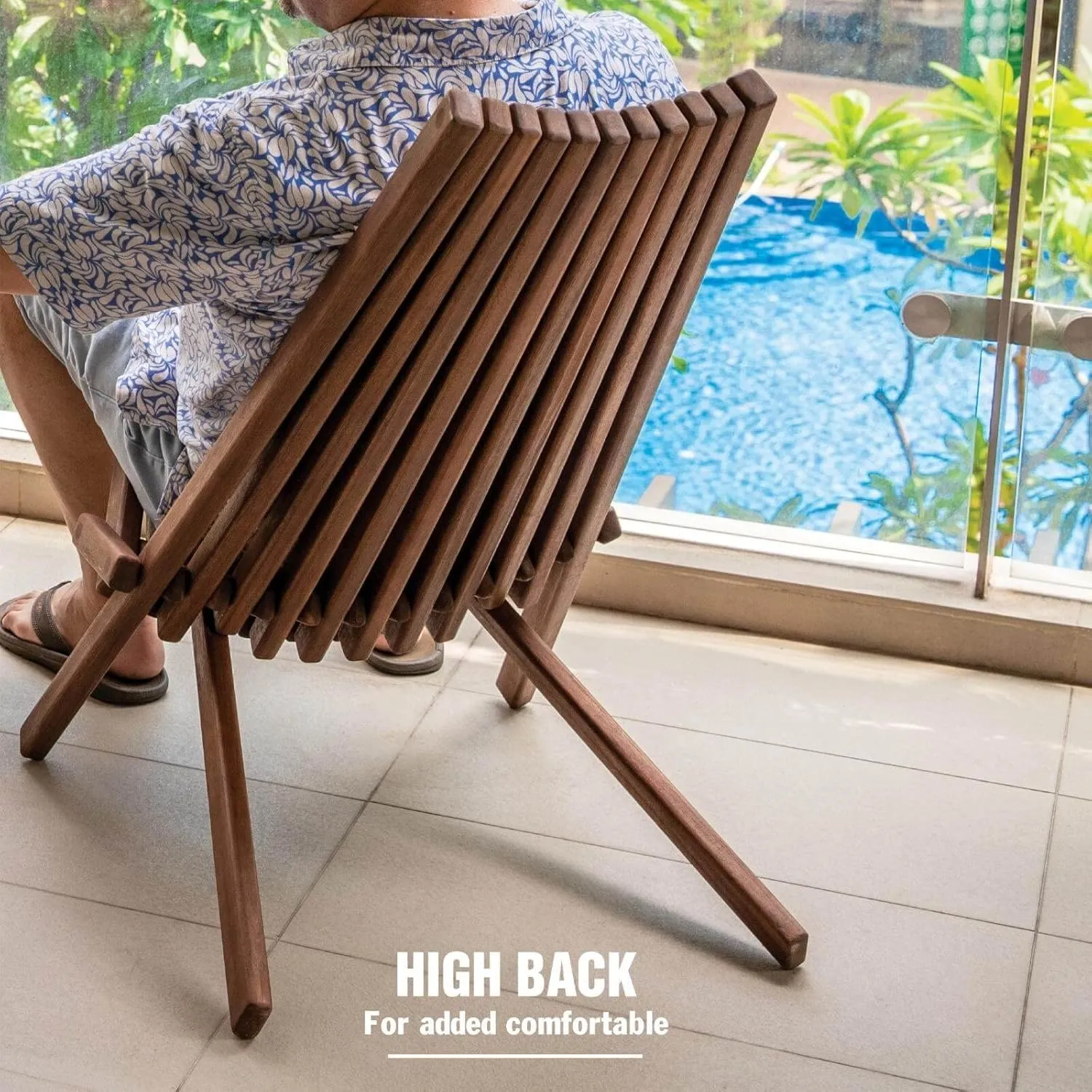 Melino Wooden Folding Chair for Outdoor - Low Profile Acacia Wood Lounge Chair with FSC Certified - Fully Assembled Outdoor Foldable Chairs for Patio, Porch, Pool Deck, Lawn, Garden - Espresso