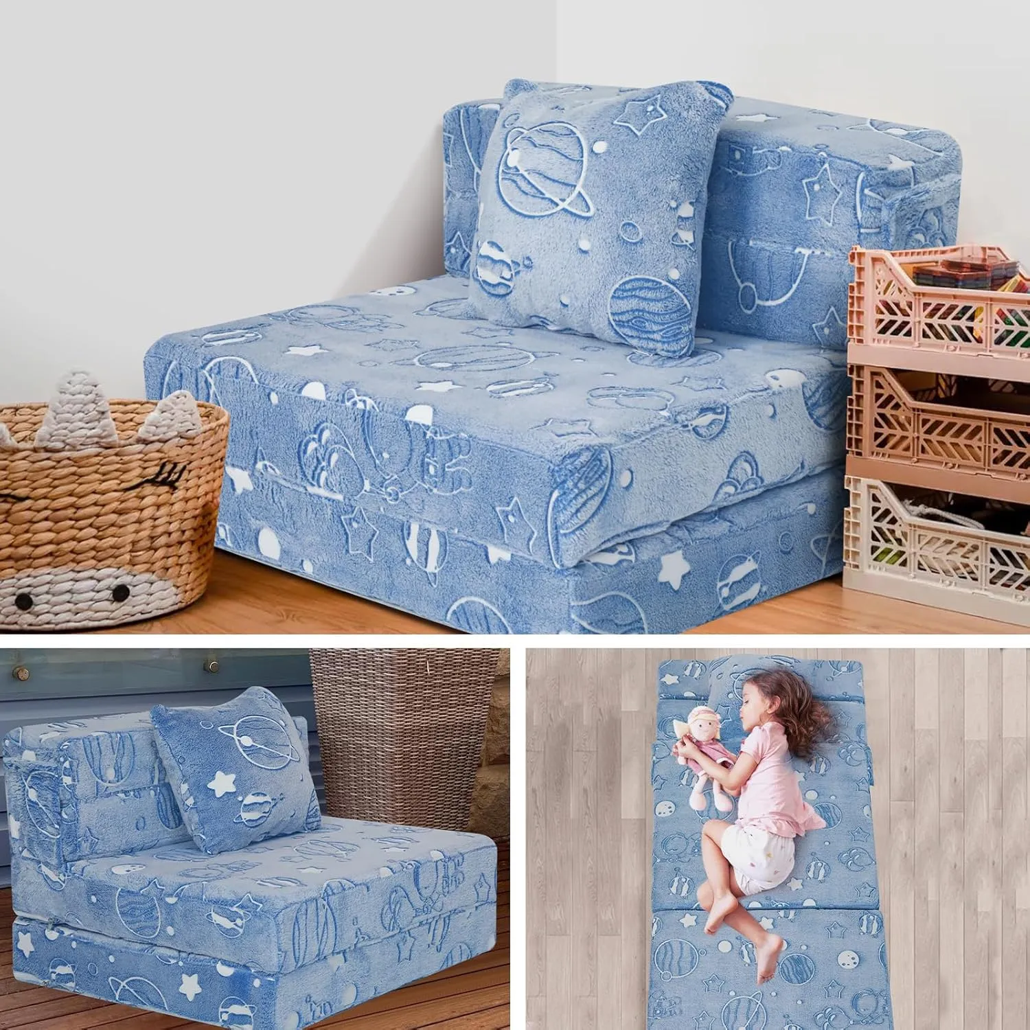 MeMoreCool Glow Space-Themed Tri-Fold Sofa Bed for Kids, Foldable Futon Chair and Floor Couch with Planets and Stars for Playroom
