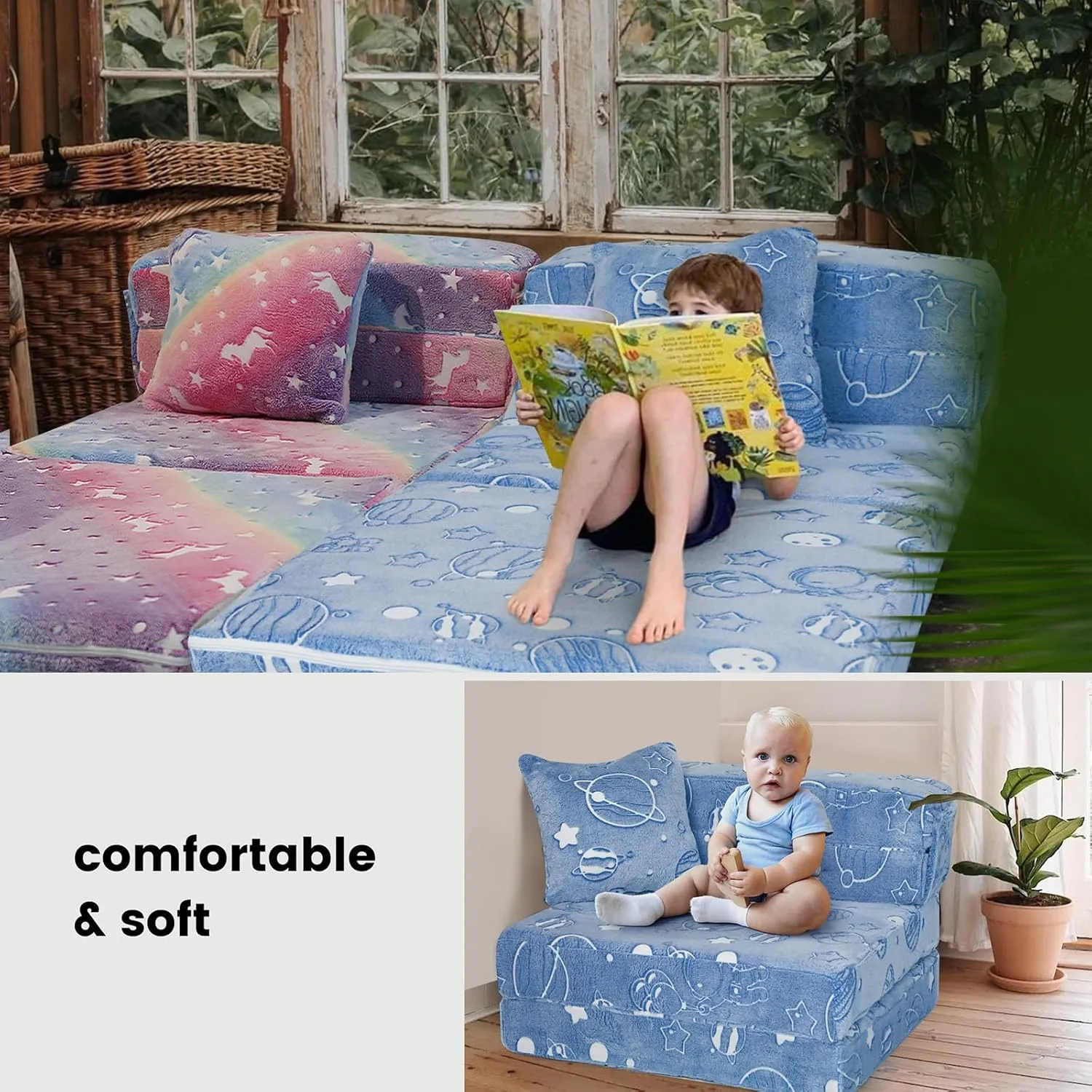 MeMoreCool Glow Space-Themed Tri-Fold Sofa Bed for Kids, Foldable Futon Chair and Floor Couch with Planets and Stars for Playroom