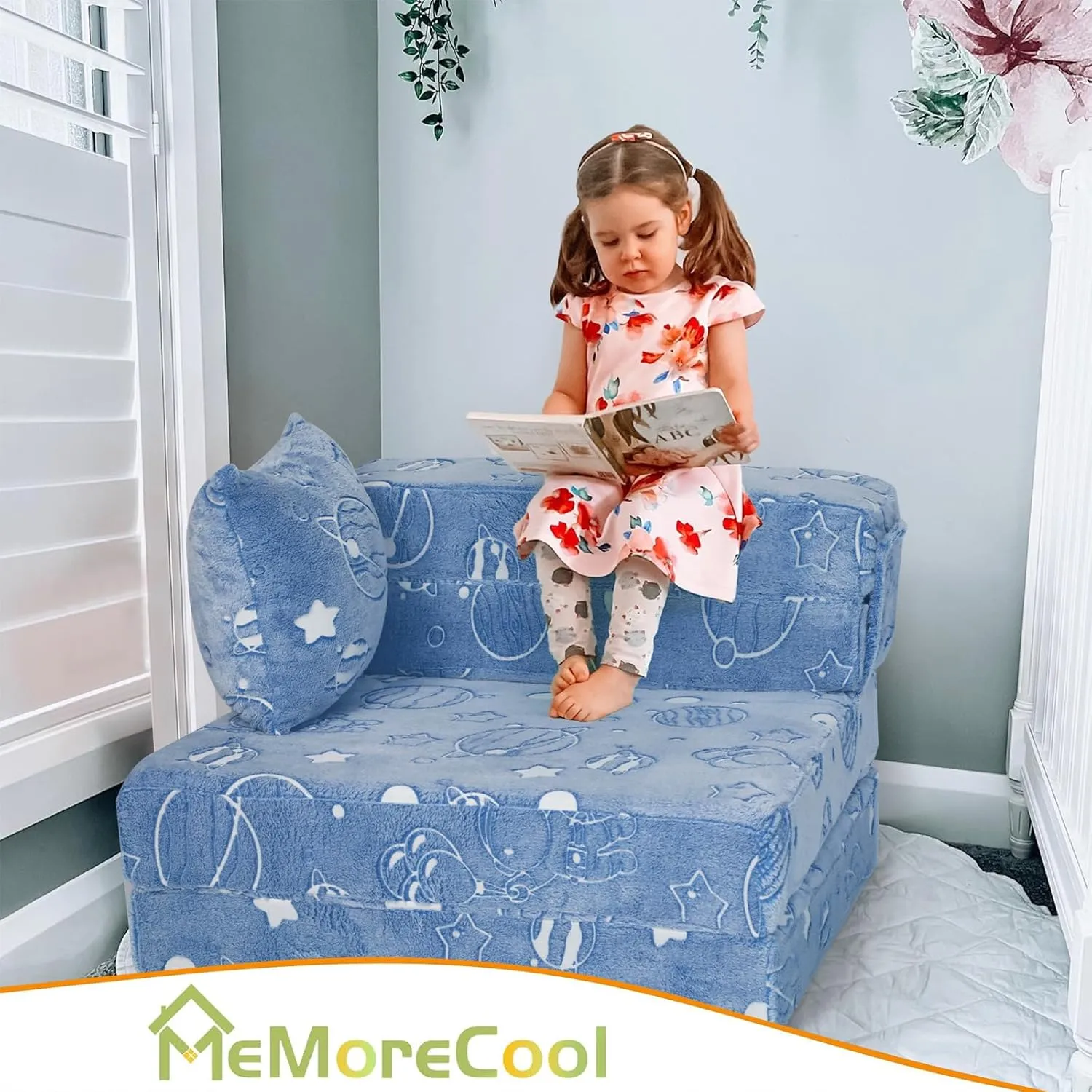 MeMoreCool Glow Space-Themed Tri-Fold Sofa Bed for Kids, Foldable Futon Chair and Floor Couch with Planets and Stars for Playroom
