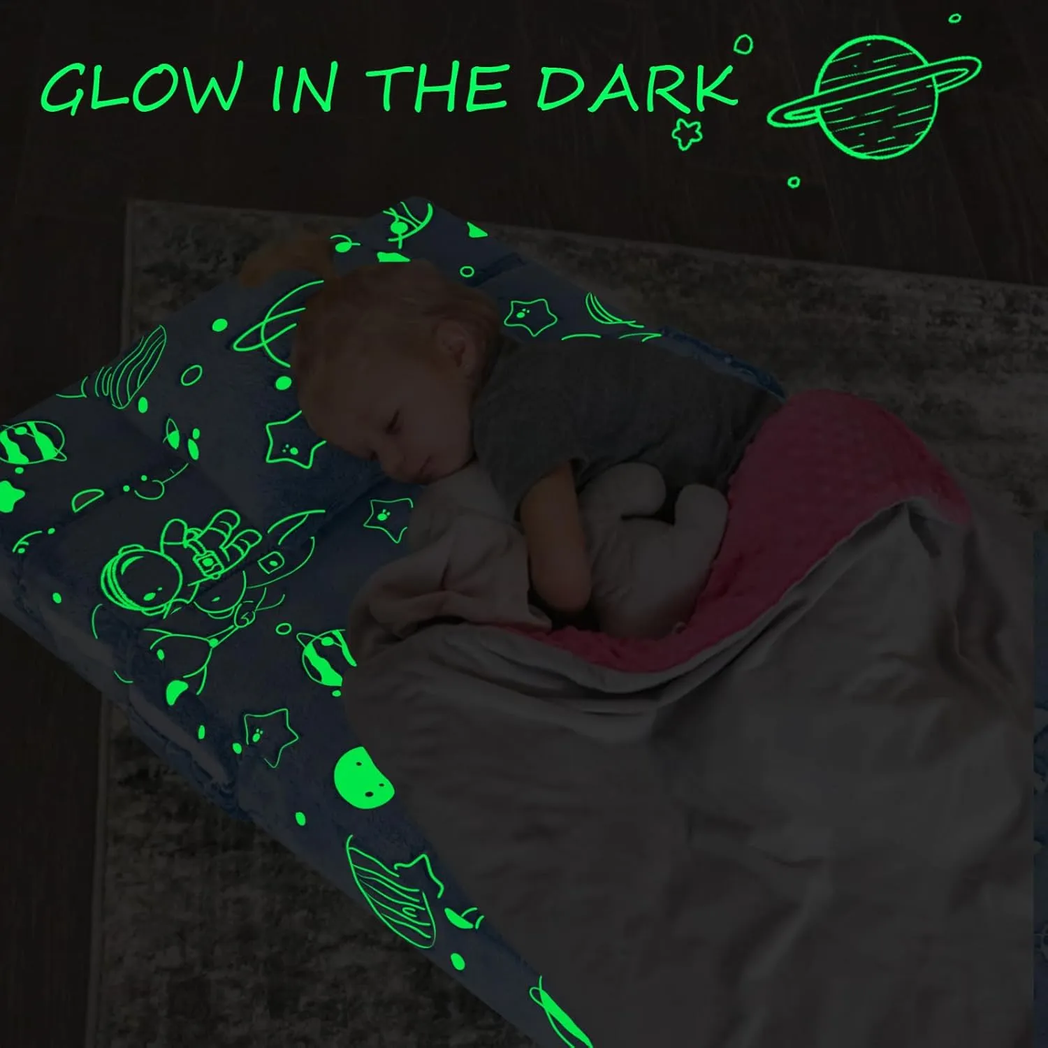 MeMoreCool Glow Space-Themed Tri-Fold Sofa Bed for Kids, Foldable Futon Chair and Floor Couch with Planets and Stars for Playroom