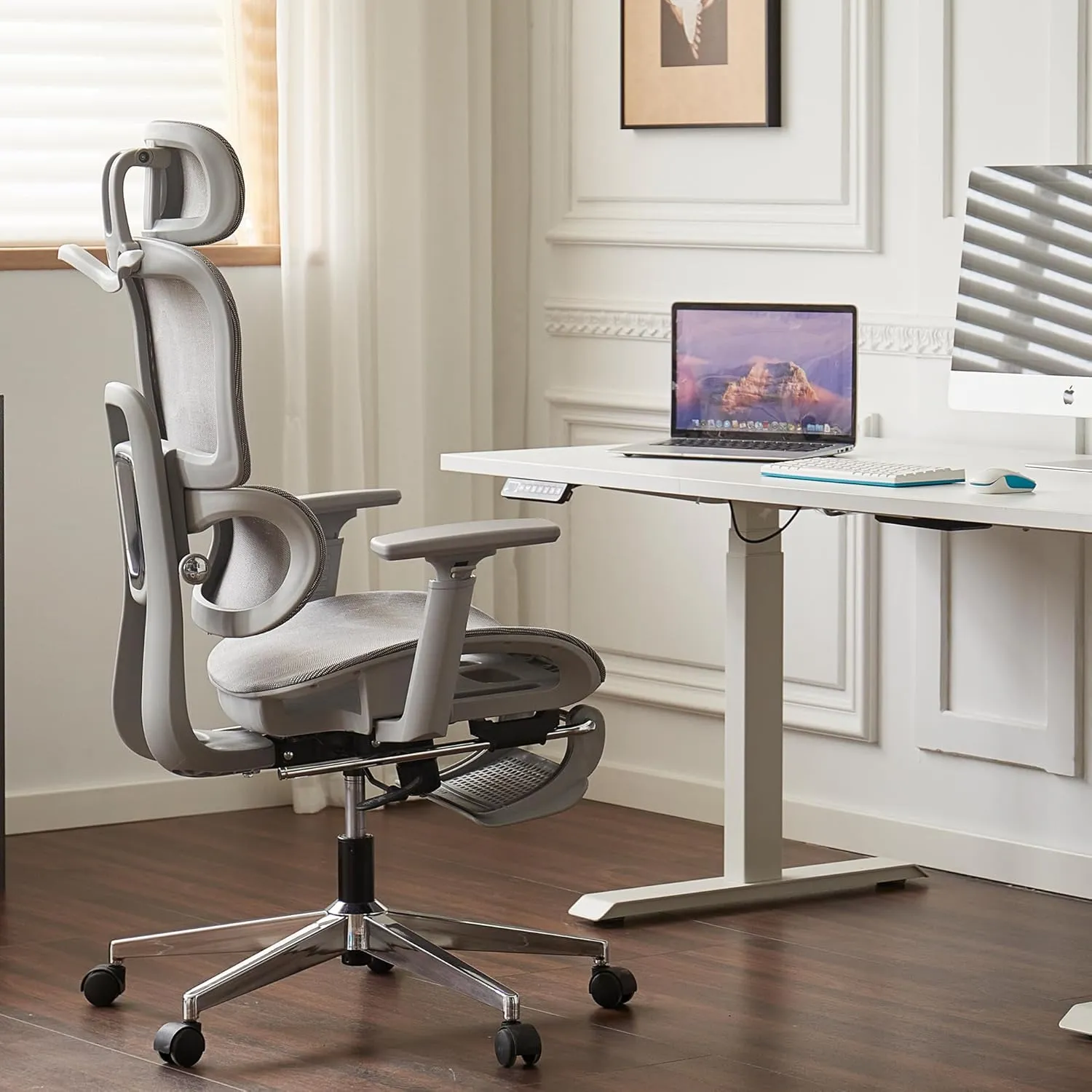 Mesh Ergonomic Home Office Chair with Footrest,Big and Tall,High Back Gaming Chair,Comfortable Lumbar Support, Ajustable 3D Armrest & 2D Headrest(Grey)